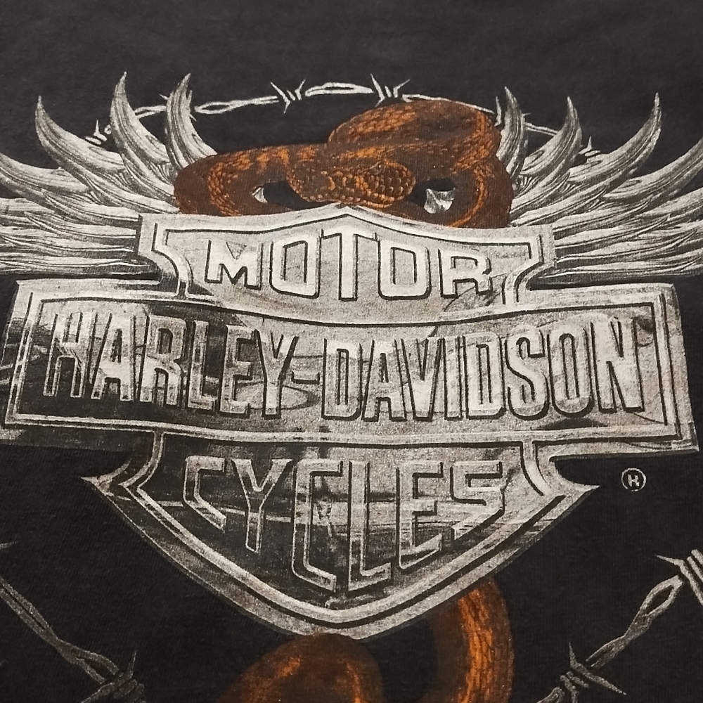 Vintage 1990's Harley-Davidson Black Tee with Winged Rattle Snake, Shield